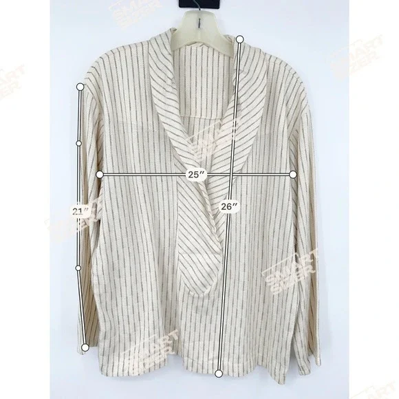 Vintage 80s Cotton Blend Midi Skirt Set M Cream Stripe Draped Collar Top Coastal - Picture 11 of 12